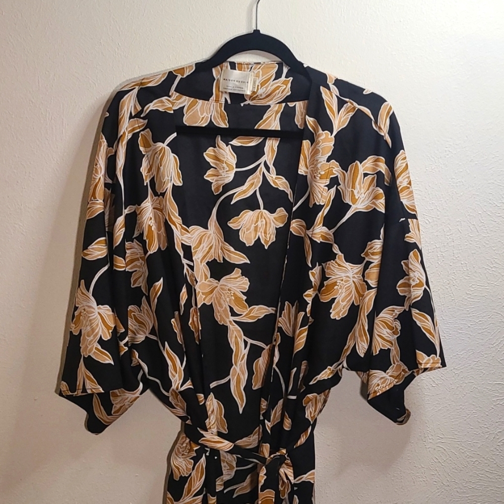 Anthropologie Black & Mustard Floral Satin Robe